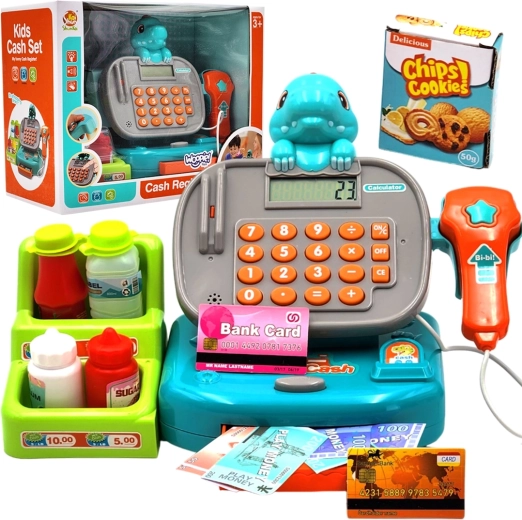 Woopie caja registradora infantil con estantería dino – azul