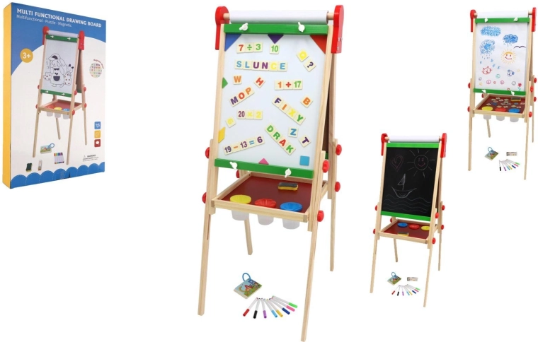 Pizarra infantil magnética de madera de doble cara con rollo de papel y accesorios 35 × 43 cm