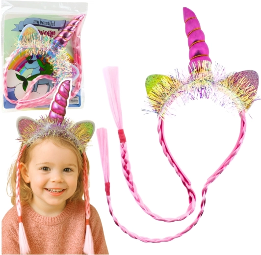 Diadema rosa de unicornio con cuerno, orejas y trenzas