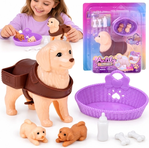 Figura Anlily de una perra golden retriever con cachorros y accesorios