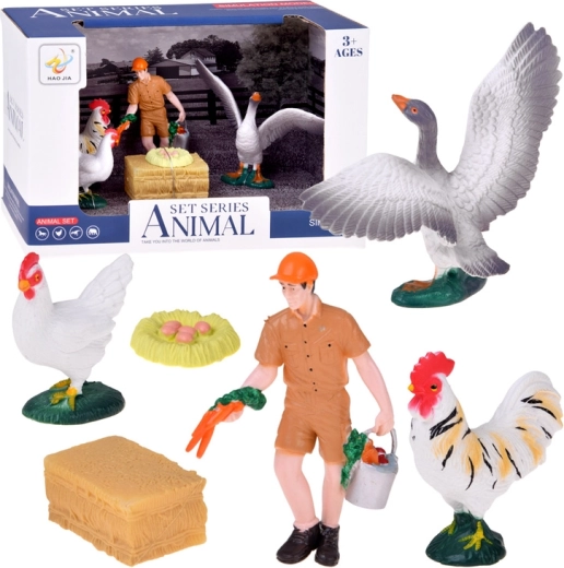 Set de figuras de granja con granjero y aves