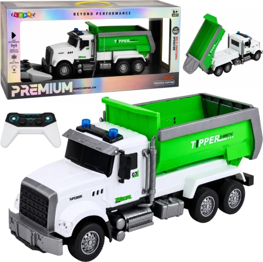 Volquete RC verde teledirigido 1:14 con caja móvil y luces - 1 unidad