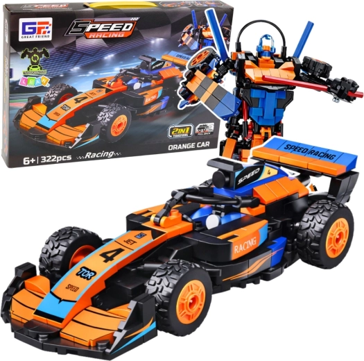 Set de construcción 2 en 1: coche de carreras naranja y robot, 322 piezas