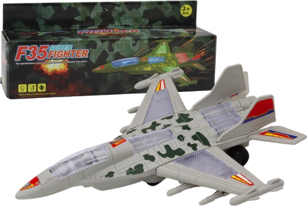 Caza militar F-35 para niños con luces y sonidos, con movimiento – gris