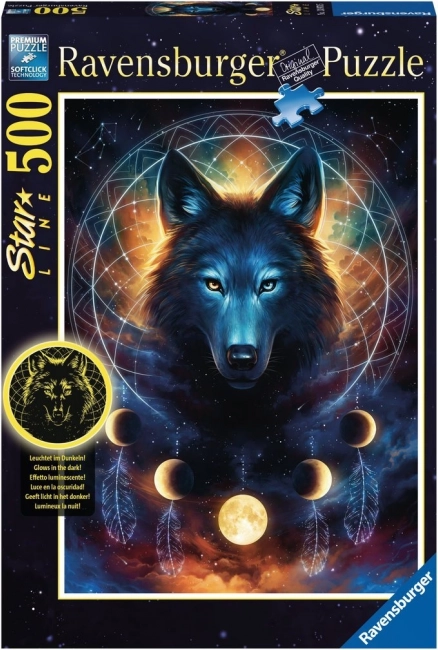 Puzzle Ravensburger que brilla en la oscuridad – lobo y lunas, 500 piezas