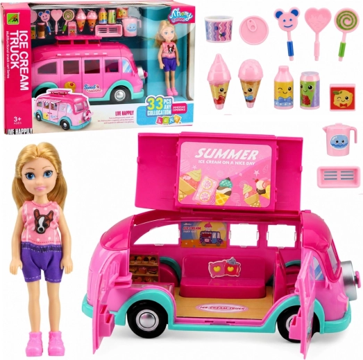 Food truck rosa de helados con muñeca y accesorios (33 piezas)