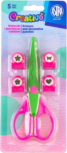 Set de tijeras decorativas y perforadoras ASTRA Creativo, 5 uds., verde‑rosa
