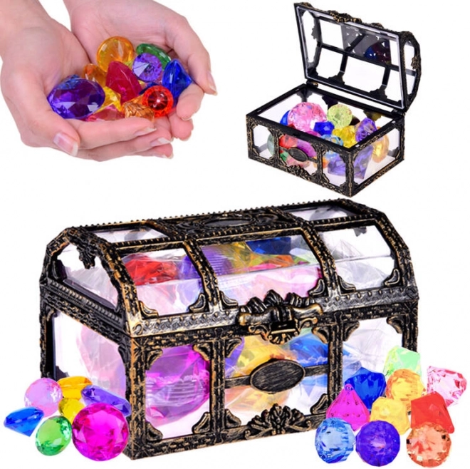 Cofre pirata con cristales de colores para búsqueda de tesoros