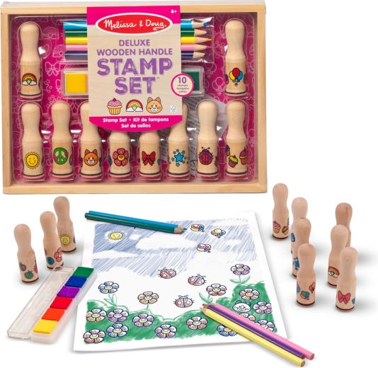 Set creativo de sellos de madera Melissa & Doug con tintas y lápices de colores