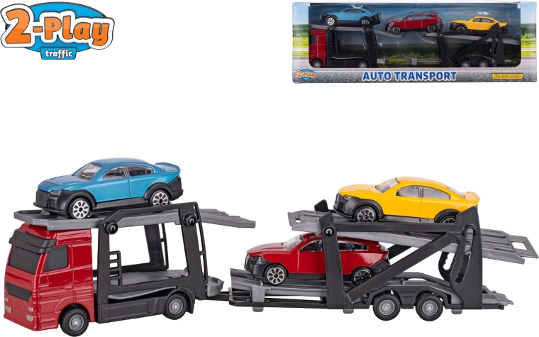 Transportador de coches 1:60 con remolque desmontable y 3 cochecitos