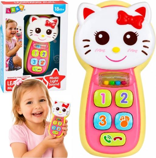 Teléfono infantil interactivo con forma de gatita con luces, sonidos, espejo y sonajero