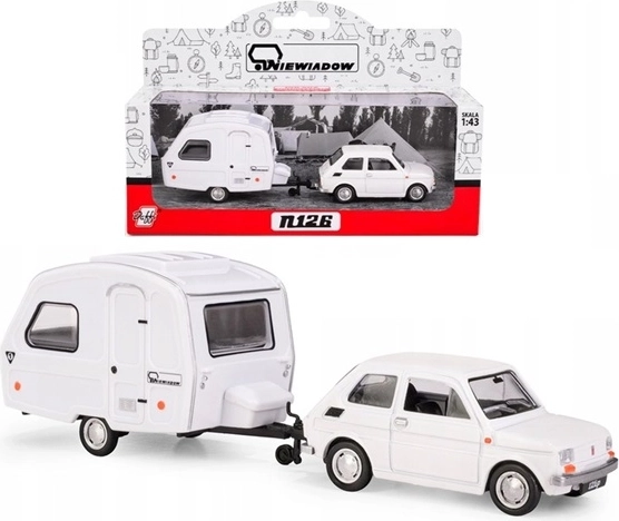 Fiat 126p con caravana Niewiadów N126, blanco, modelo 1:43