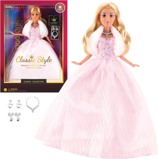 Muñeca de moda con vestido de gala rosa claro