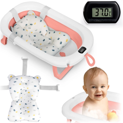 Bañera infantil plegable con termómetro y reductor, rosa‑blanca