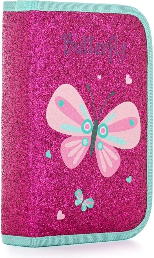 Estuche escolar de un piso con efecto de lentejuelas, motivo mariposa, 2 solapas