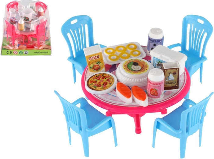 Set de comedor de juguete con mesa, sillas y alimentos