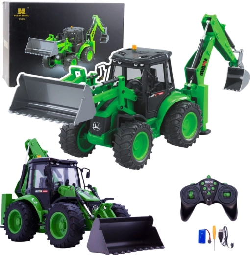 Tractor excavadora RC con ruedas HUINA 1:14 verde con luces y sonido