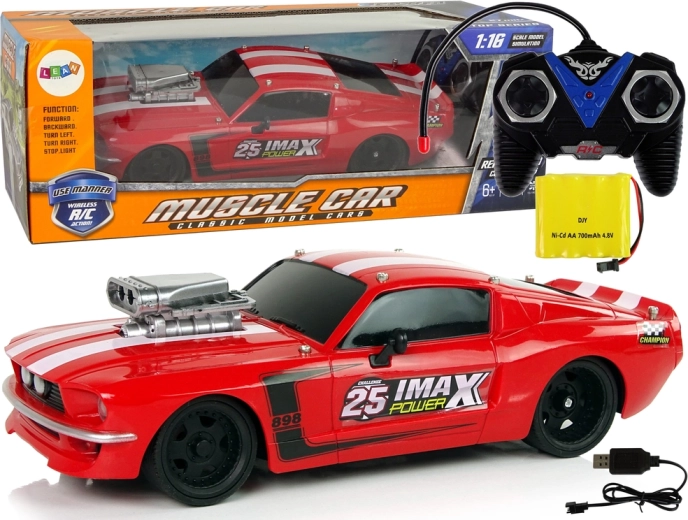 coche deportivo RC 1:16 rojo con franjas blancas