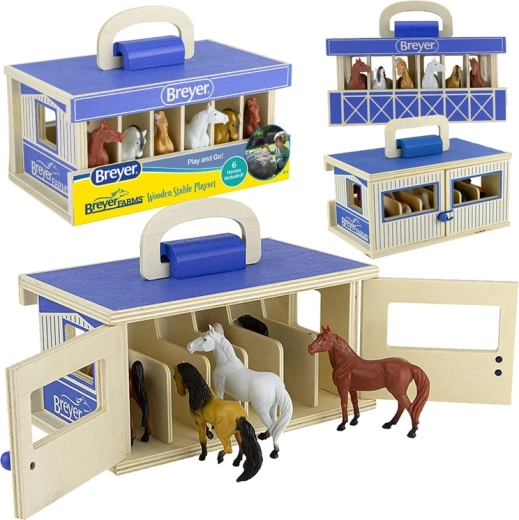 Breyer Stablemates Farms: establo portátil de madera con 6 caballos