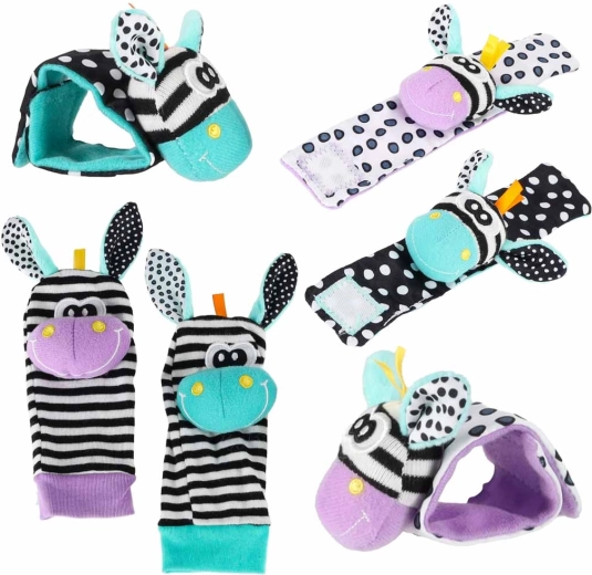 Calcetines y pulseras sonajero infantiles con cebra en verde y morado - 4 unidades