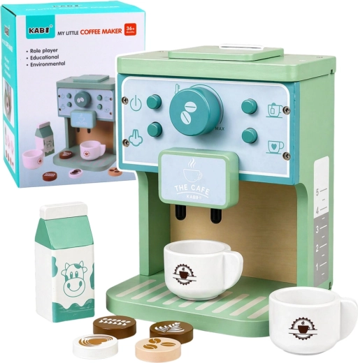 Cafetera de madera con tazas y accesorios para niños