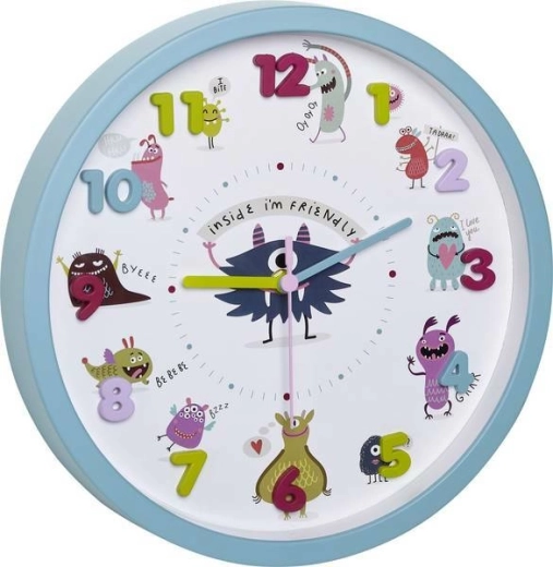 Reloj de pared infantil TFA Little Monsters, turquesa, números 3D
