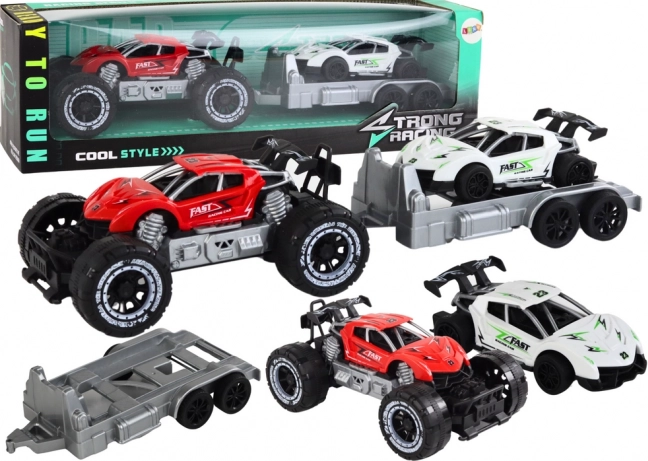 Coche todoterreno con plataforma de remolque desmontable y coche deportivo – set de juguetes