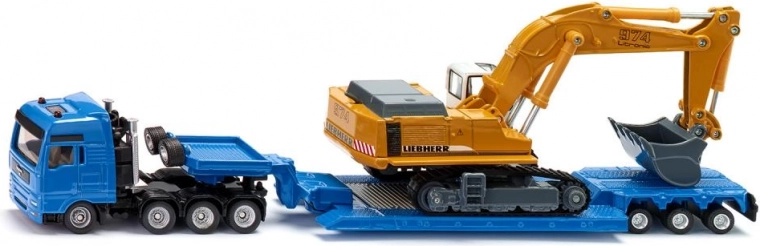 Camión con remolque de cama baja y excavadora de orugas 1:87