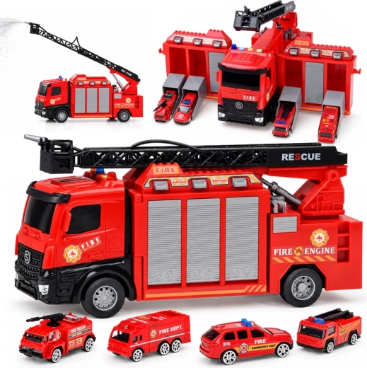 Estación de bomberos transformable con vehículo, luz, sonido y agua