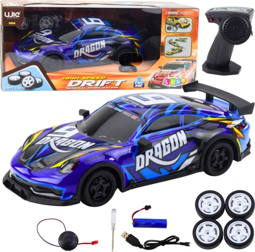 Coche deportivo RC con carrocería iluminada y drift – azul
