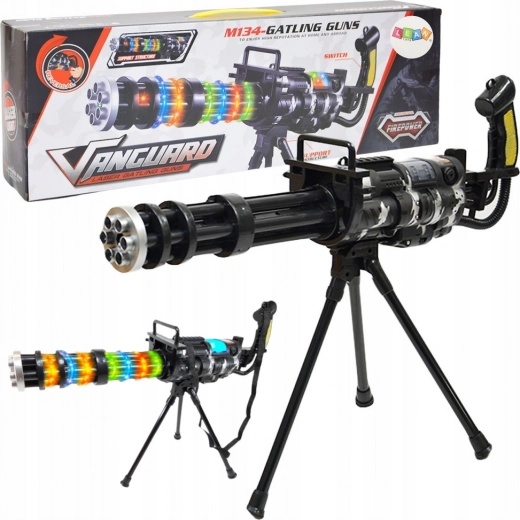 Ametralladora rotativa Gatling infantil con trípode, luz, sonido y vibraciones – negra