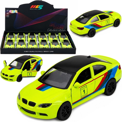 Coche deportivo metálico con tracción pull-back, amarillo neón 1:32 - 1 unidad