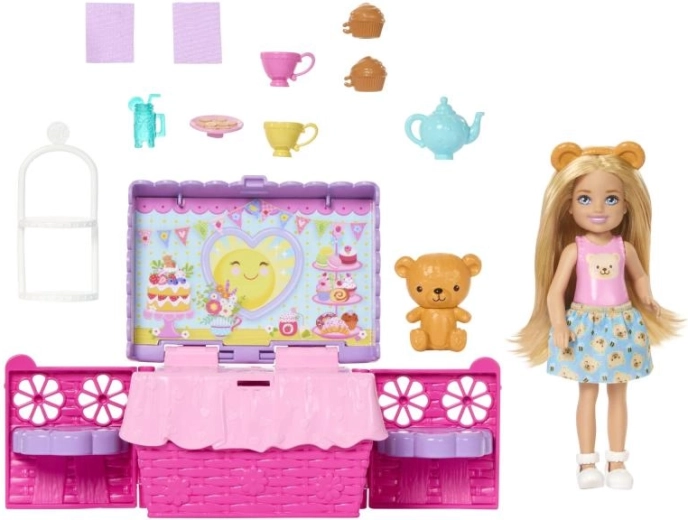 Barbie Chelsea Merienda de té – set de juego con cesta de pícnic y accesorios