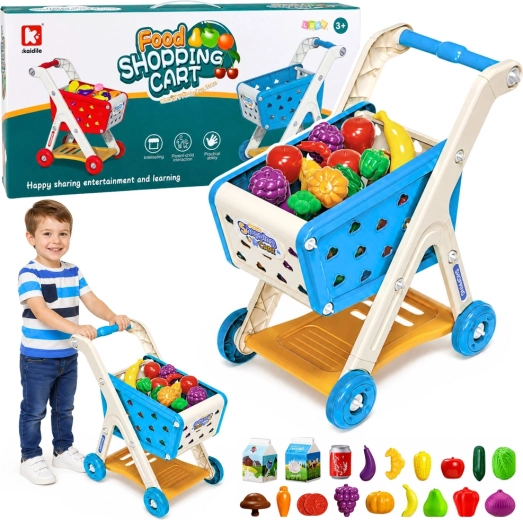 Carrito de la compra infantil con alimentos y accesorios, azul (26 piezas) - 1 unidad