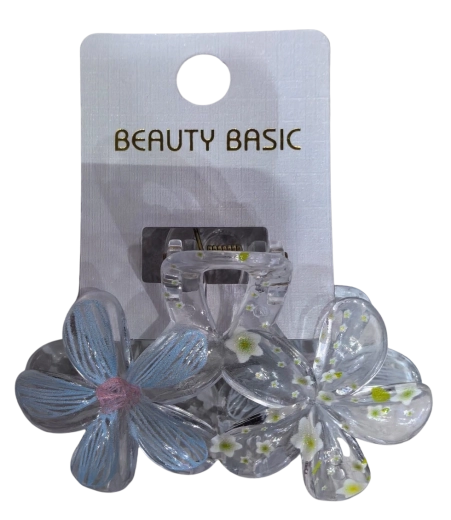 Pinza transparente para el cabello PINK con dos flores azul - 1 pieza