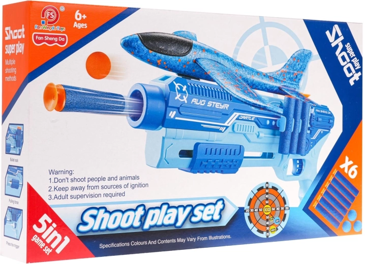 Set de disparo 5 en 1 con avión lanzable – azul