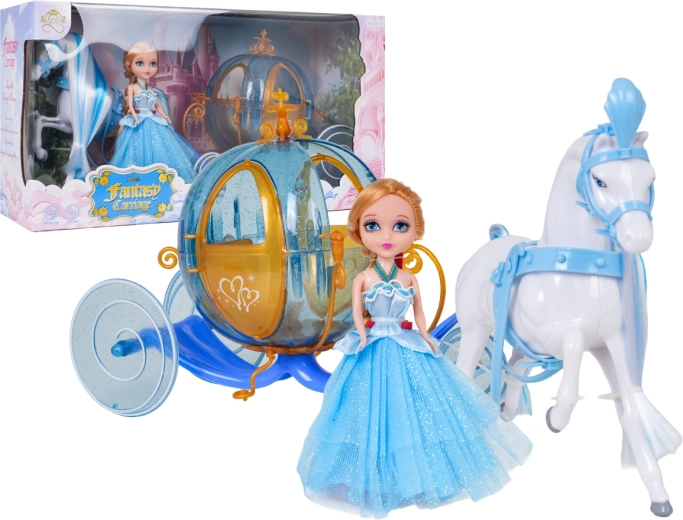 Carroza azul de cuento con caballo blanco y muñeca de princesita - 1 pieza