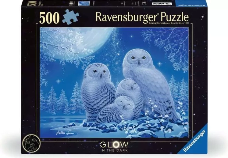 Puzzle luminoso Ravensburger Búhos al amanecer de la luna, 500 piezas
