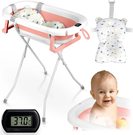 Bañera infantil plegable con soporte, termómetro e inserto RICOKIDS blanco‑rosa
