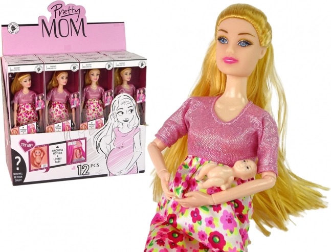 Muñeca Embarazada con Vestido Rosa con Flores