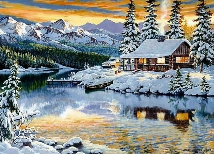 Norimpex Pintura por números Cabaña nevada junto al lago 40 × 50 cm