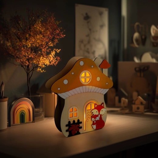 Decoración de madera iluminada con forma de casita de setas y zorro