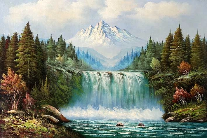 Pintura de diamantes: paisaje con cascada y montaña 30 × 40 cm