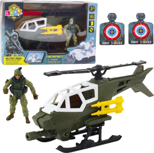 Helicóptero militar con figura de soldado