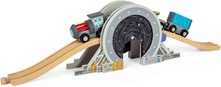 Bigjigs Rail puente espacial con túnel de portal para vías de tren de madera