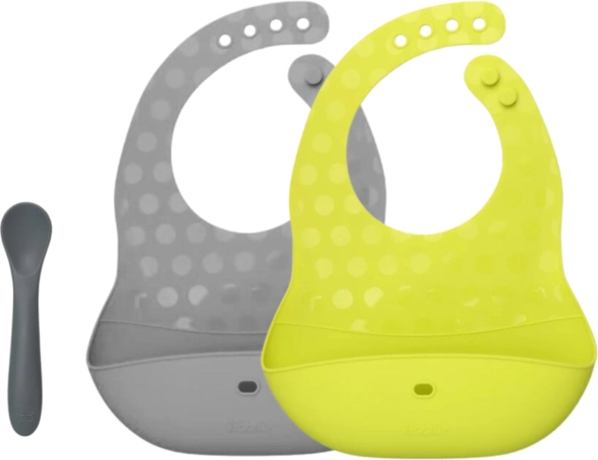 Bblüv Pöket set de baberos y cuchara de silicona lime/grey