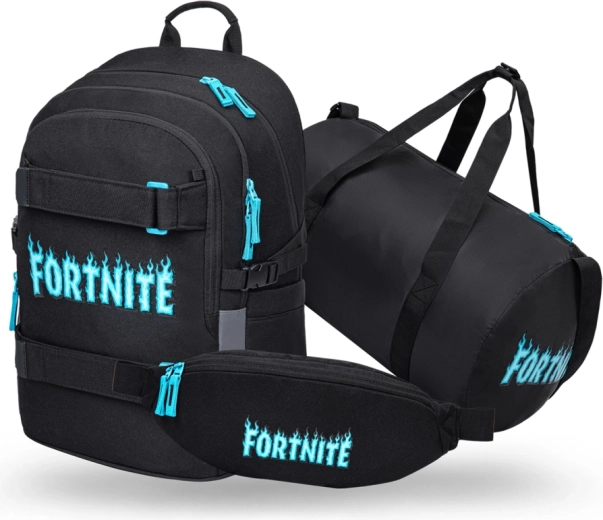 Set Baagl Fortnite azul – mochila escolar Skate, bolsa deportiva Hoop y riñonera Snap