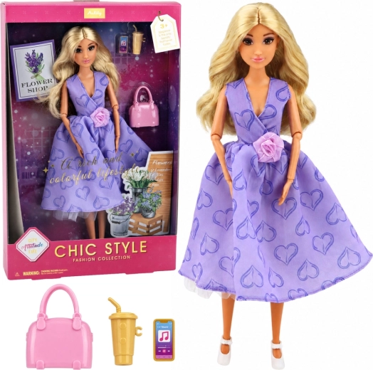 Muñeca de moda Anlily con vestido morado con corazones, con bolso y accesorios