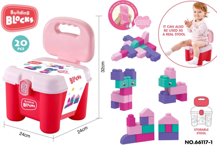 Juego de bloques de construcción blandos con sillita de almacenamiento – rosa