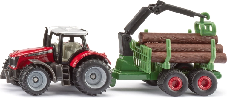Siku tractor Massey Ferguson con remolque forestal y troncos